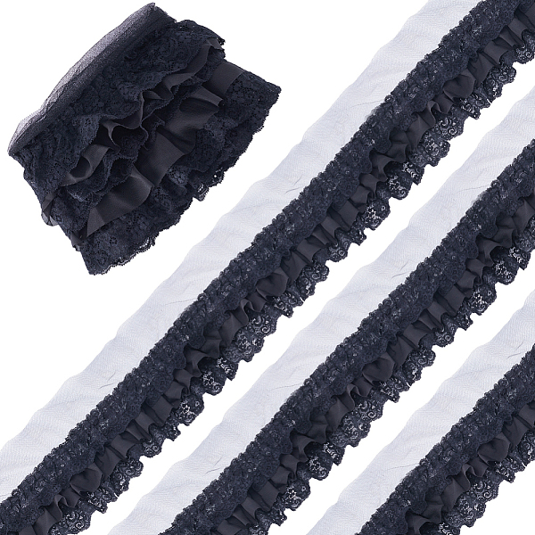 

PandaHall GORGECRAFT 2 Yards 11cm Wide Pleated Chiffon Lace Trim 3-Layer Black Ruffled Lace Ribbon Floral Embroidered Gathered Edging...