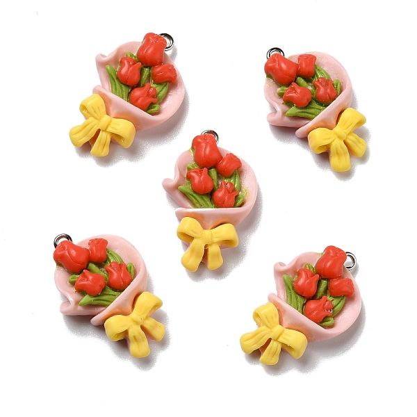 

PandaHall Opaque Resin Pendants, with Platinum Tone Iron Loops, Tulip, Orange Red, 31x20x7.5mm, Hole: 2mm Iron+Resin Flower