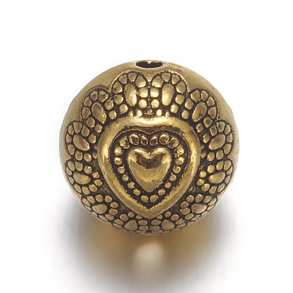 PandaHall Tibetan Style Alloy Beads, Lead Free & Cadmium Free, Round with Heart, Antique Golden, about 10mm in diameter, 8mm thick, Hole...
