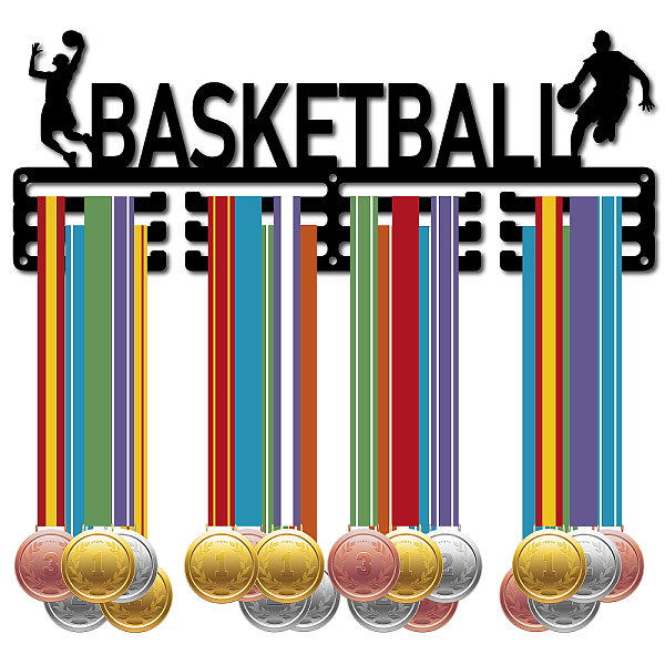 

PandaHall Fashion Iron Medal Hanger Holder Display Wall Rack, 3 Lines, with Screws, Basketball Pattern, 150x400mm Iron Basketball Black