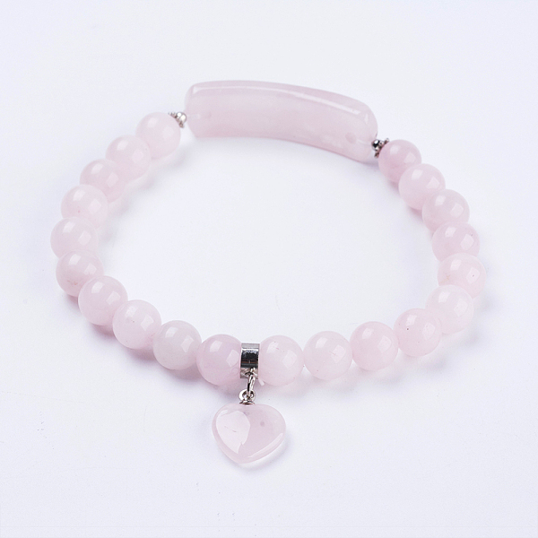 PandaHall Natural Rose Quartz Stretch Bracelets, with Alloy Findings, Heart, 2-3/8 inch(61mm) Rose Quartz Pink