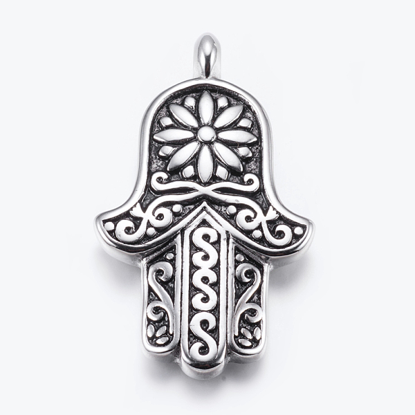 

PandaHall 304 Stainless Steel Big Pendants, Hamsa Hand/Hand of Fatima/Hand of Miriam with Flower, Antique Silver, 70x41x7mm, Hole: 5mm 304...