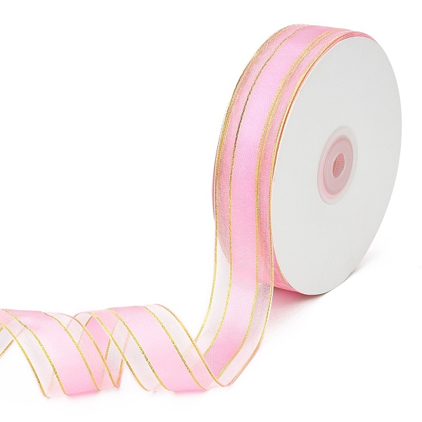

PandaHall Solid Color Organza Ribbons, Golden Wired Edge Ribbon, for Party Decoration, Gift Packing, Pearl Pink, 1"(25mm), about 50yard/roll...