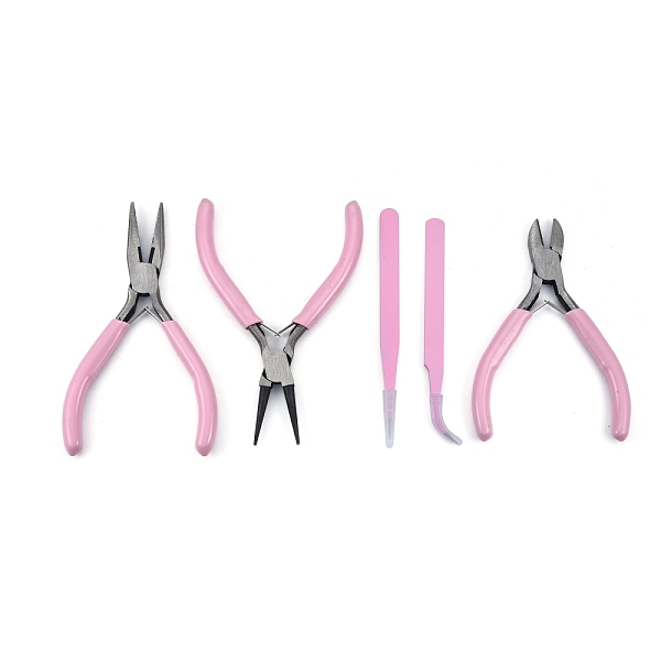 45# Steel Pliers & Tweezers Set, with Plastic Handles, including Side Cutter Pliers, Round Nose Plier, Needle Nose Wire Cutter Plier, Straight & Bent Tip Tweezers, Pearl Pink, 10.8-12.3x0.9-8x0.3-0.95cm, 5pcs/set