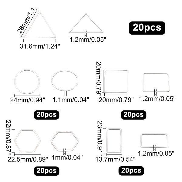 

PandaHall SUPERFINDINGS 100Pcs 5 Style Brass Linking Rings, Square & Triangle & Ring & Rectangle & Hexagon, Platinum, 20pcs/style Brass...
