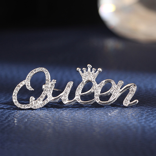 

PandaHall Crystal Rhinestone Crown with Word Queen Safety Pin Brooch, Feminism Alloy Badge for Women, Silver, 18x50mm Alloy+Rhinestone Clear