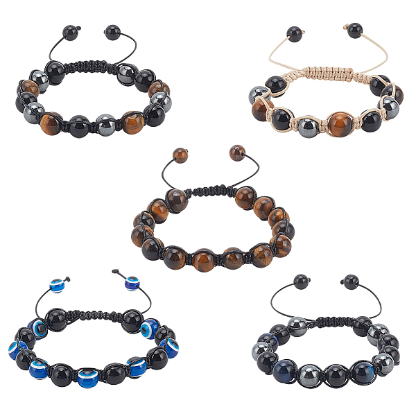 PandaHall ANATTASOUL 5Pcs 5 Styles Natural & Synthetic Mixed Gemstone Round & Evil Eye Braided Bead Bracelets Set, Polyester Adjustable...