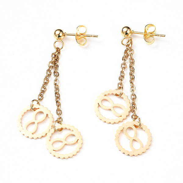 

PandaHall 304 Stainless Steel Dangle Stud Earrings, with Cable Chains and Ear Nuts, Flat Round with Infinity, Golden, 48mm, Pin: 0.8mm 304...