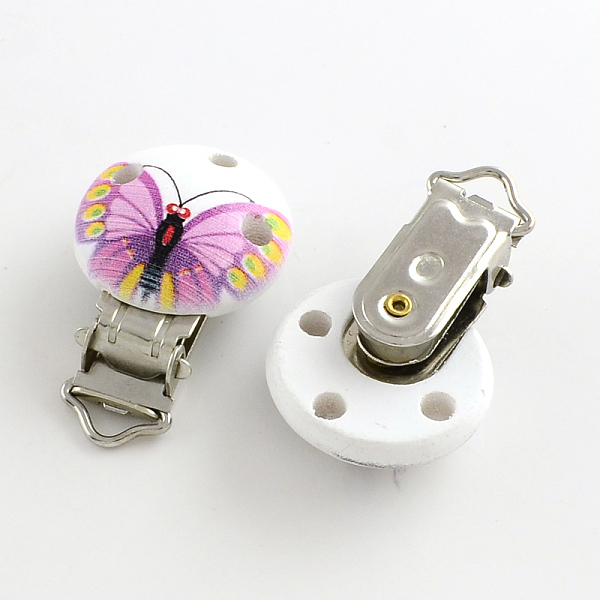 

PandaHall Butterfly Pattern Printed Wooden Baby Pacifier Holder Clip with Iron Clasp, Flat Round, Platinum, Orchid, 28x28mm, Hole: 4mm Wood..., Purple