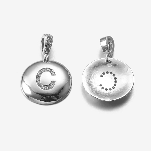 

PandaHall Brass Pendants, with Cubic Zirconia, Cadmium Free & Lead Free, Flat Round with Letter, Platinum, Letter.C, 22mm, Hole: 2x3mm...
