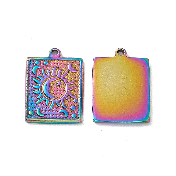 

PandaHall Ion Plating(IP) 304 Stainless Steel Pendants, Rectangle with Sun & Moon Pattern Charms, Rainbow Color, 22.5x17x2mm, Hole: 1.4mm...