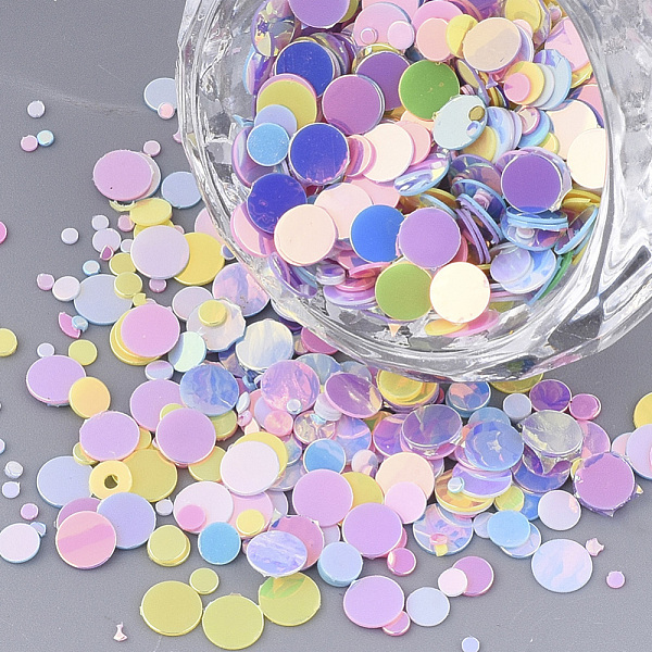

PandaHall Ornament Accessories, PVC Plastic Paillette/Sequins Beads, Flat Round, Mixed Color, 1~4x0.4mm PVC Flat Round Multicolor