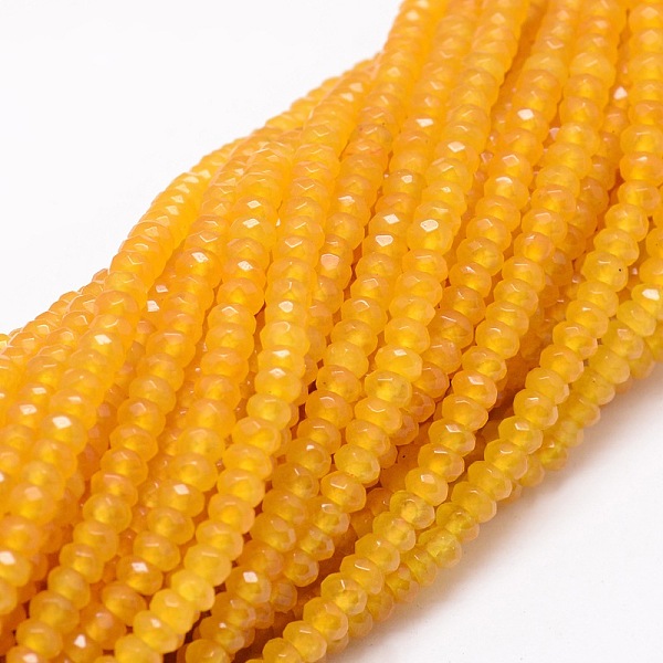 

PandaHall Dyed Natural Malaysia Jade Rondelle Beads Strands, Faceted, Goldenrod, 4x2~3mm, Hole: 1mm, about 115pcs/strand, 14 inch Malaysia..., Gold