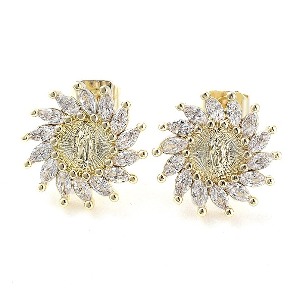 

PandaHall Brass Micro Pave Cubic Zirconia Stud Earrings for Women, Sun with Virgin Mary, Real 18K Gold Plated, 13mm Cubic Zirconia Sun