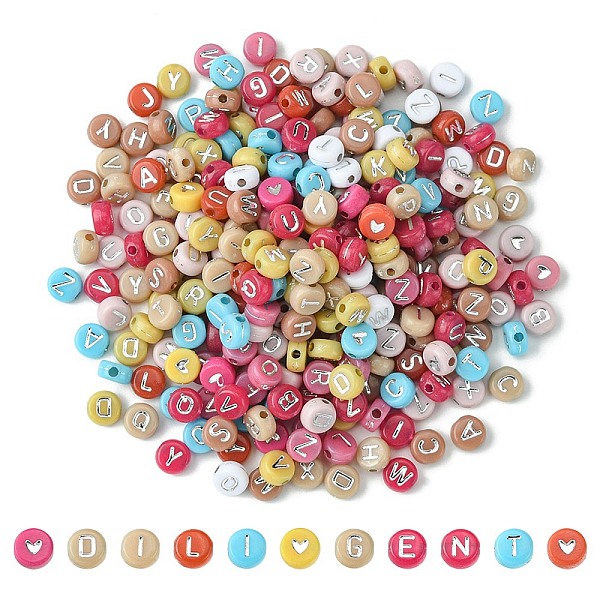 

PandaHall Opaque Acrylic Beads, Metal Enlaced, Flat Round with Random Letter/Heart, Mixed Color, 6.5~7x7x3~4mm, Hole: 1.6~1.8mm, 300pcs/bag..., Multicolor