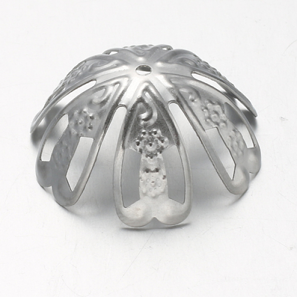 

PandaHall 6-Petal 304 Stainless Steel Flower Bead Caps, Fancy Bead Caps, Stainless Steel Color, 26x11mm, Hole: 1.5mm 304 Stainless Steel