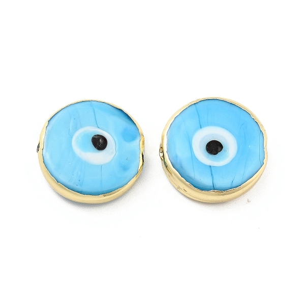 

PandaHall Rack Plating Handmade Evil Eye Lampwork Beads, with Brass Findings, Long-Lasting Plated, Flat Round, Deep Sky Blue...