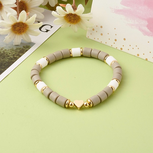 

PandaHall Handmade Polymer Clay Beads Stretch Bracelets, with Brass Beads, Heart, Silver, Inner Diameter: 2~2-1/8 inch(5.2~5.3cm) Polymer...