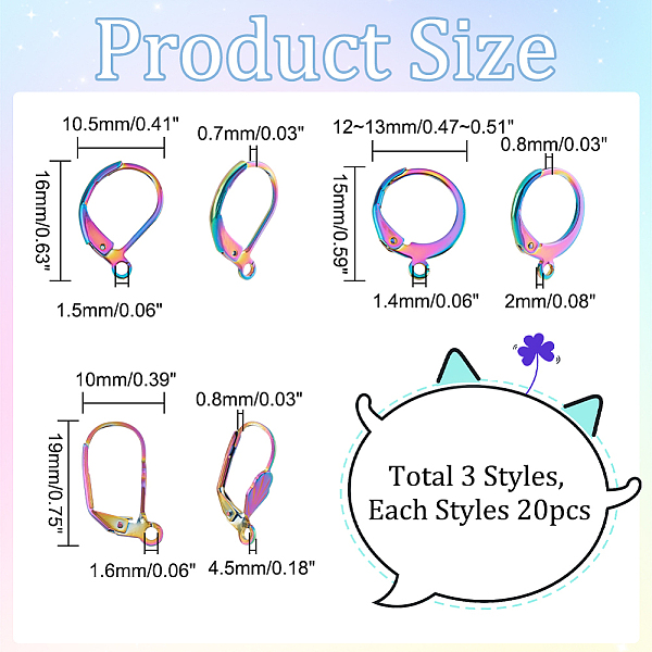 

PandaHall 60 Pcs 3 Styles 304 Stainless Steel Leverback Earring, Rainbow Color French Earring Hooks Ear Wire Open Loop Hypoallergenic...