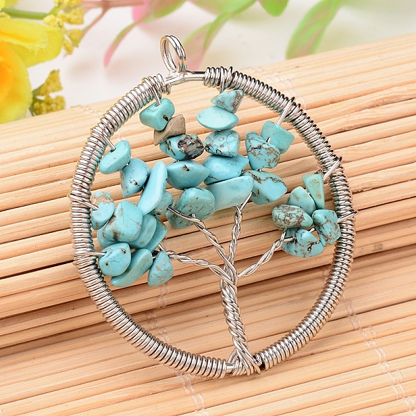 

PandaHall Synthetic Turquoise Big Pendants, with Platinum Plated Brass Findings, Flat Round with Tree of Life, 53~56x48~51x8mm, Hole: 4mm...