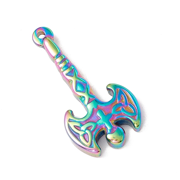 PandaHall Ion Plating(IP) 304 Stainless Steel Pendants, Axe, Rainbow Color, 33.5x16.5x3.5mm, Hole: 1.6mm 304 Stainless Steel Tool