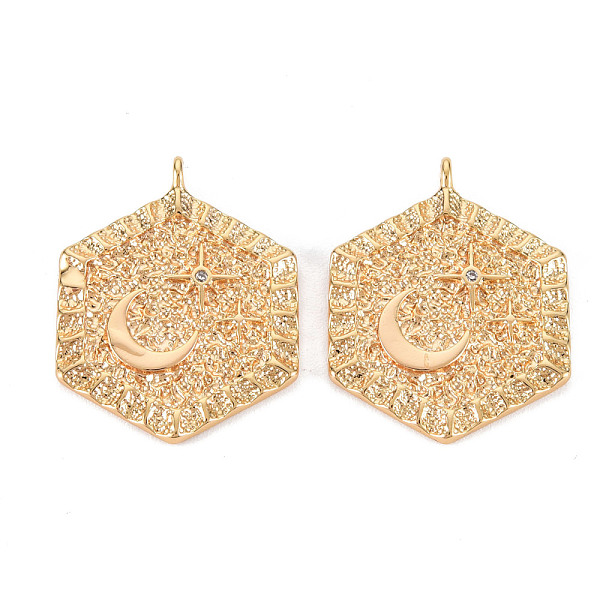 

PandaHall Brass Micro Pave Clear Cubic Zirconia Pendants, Nickel Free, Textured, Hexagon with Moon, Real 18K Gold Plated, 24.5x19x1.5mm...