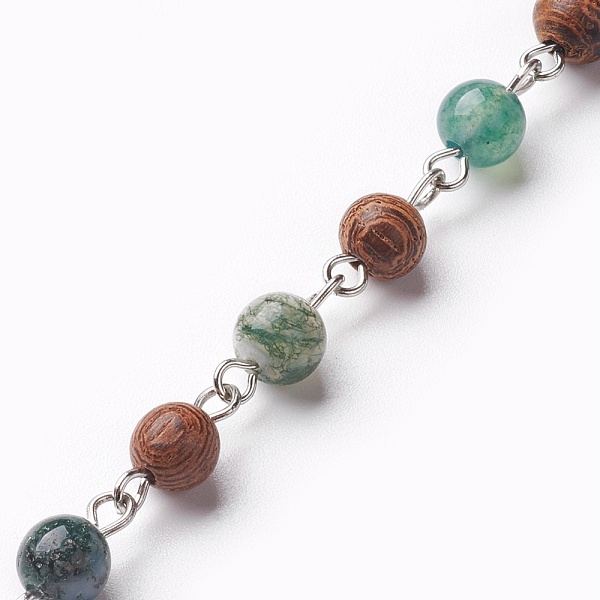 

PandaHall Handmade Natural Moss Agate Beaded Chains, Unwelded, with Wood Beads and Iron Eye Pin, 39.37 inch(1m)/strand Moss Agate