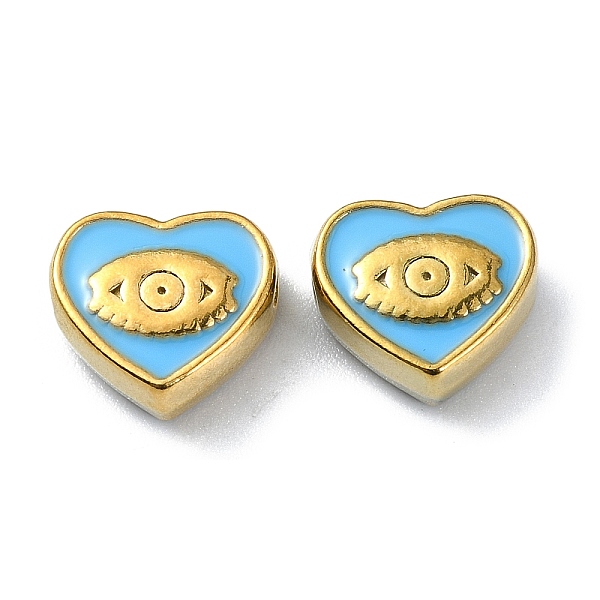 

PandaHall Ion Plating(IP) 304 Stainless Steel Enamel Beads, Real 18K Gold Plated, Heart with Eye, Light Sky Blue, 9x10x4.5mm, Hole: 1.2mm...