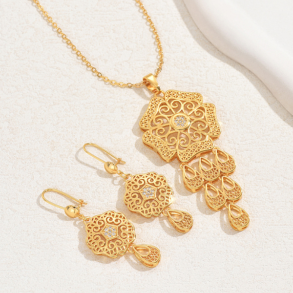

PandaHall Simple and Stylish 18K Gold Plated Brass Flower Pendant Necklace & Dangle Earrings Set for Women Brass Flower