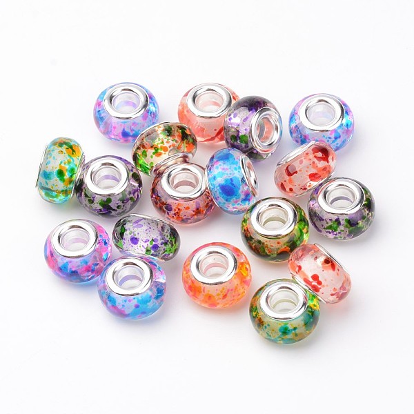 

PandaHall Resin European Beads, Large Hole Rondelle Beads, with Brass Cores, Silver Color Plated, Mixed Color, 14x9mm, Hole: 4.5mm..., Multicolor