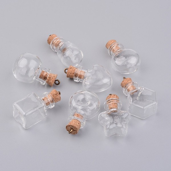 

PandaHall Glass Bottle Pendants, with Wood Cork Stopper, Mixed Shapes, Clear, 32.5~34.5x15~22x11~20mm, Hole: 1.5mm, Bottle Capacity: 1~2.5ml...