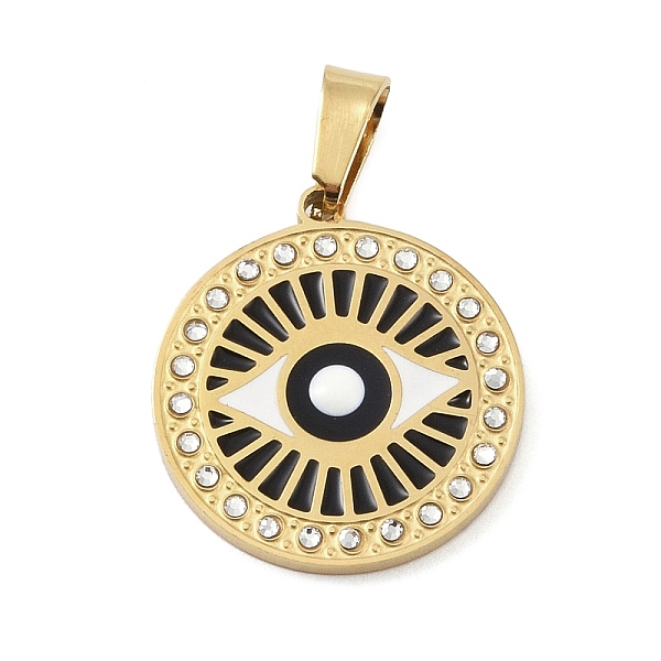 

PandaHall Ion Plating(IP) 304 Stainless Steel Enamel Rhinestone Pendants, Eye Charms, Real 18K Gold Plated, 23.5x21x2.5mm, Hole: 6.5x4mm..., Clear