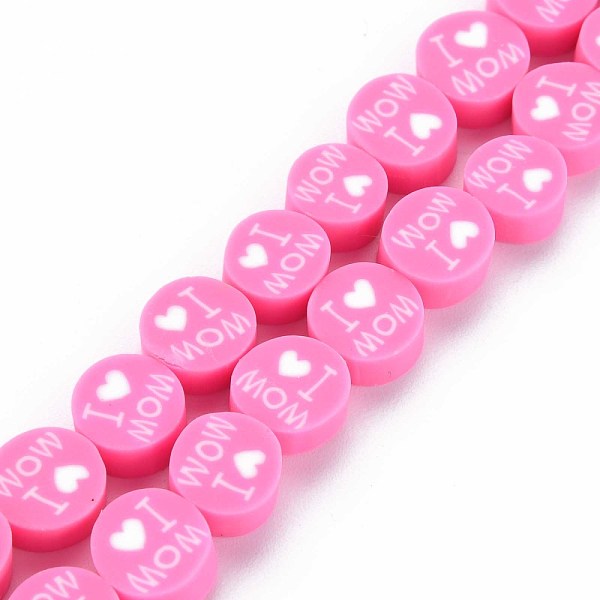

PandaHall Handmade Polymer Clay Bead Strands, Mother's Day Theme, Flat Round with Word I Love MOM, Hot Pink, 8x4mm, Hole: 1.4mm, about...