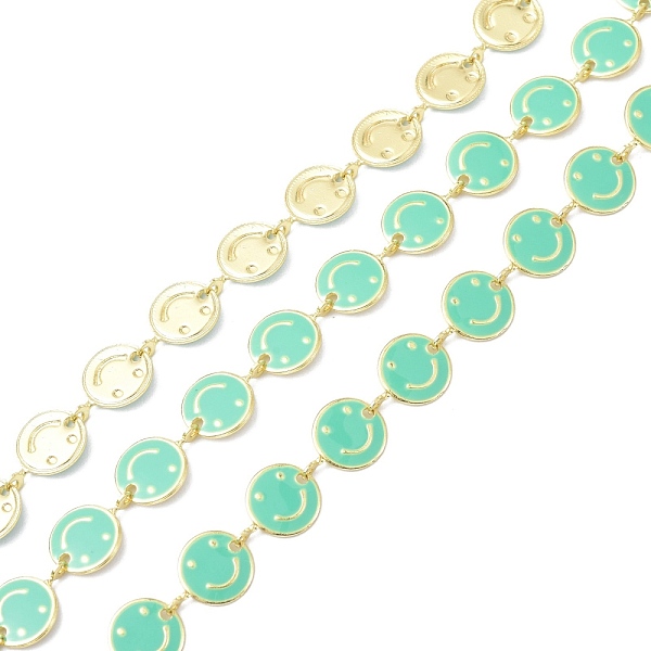 

PandaHall Brass & Enamel Link Chain, with Spool, Long-Lasting Plated, Flat Round with Smiling Face, Unwelded, Turquoise, 8x1mm, about 10.93..., Green