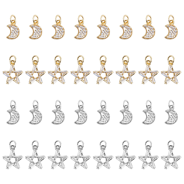 

PandaHall 16pcs Cubic Zirconia Charms 4 Styles Moon Star Pendant Golden Platinum 18K Gold Plated Pendant with Jump Ring for Women Earring..., Clear