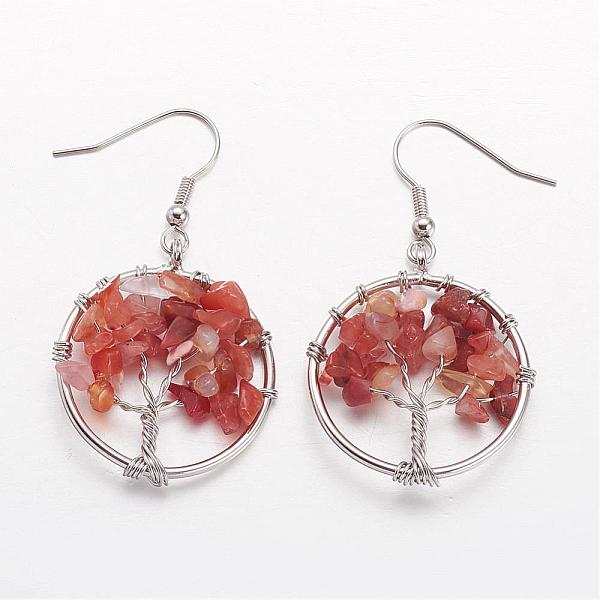 

PandaHall Dangle Earrings, with Natural Carnelian Beads and Brass Hooks, Ring with Tree of Life, 50mm, Pin: 0.6mm Carnelian