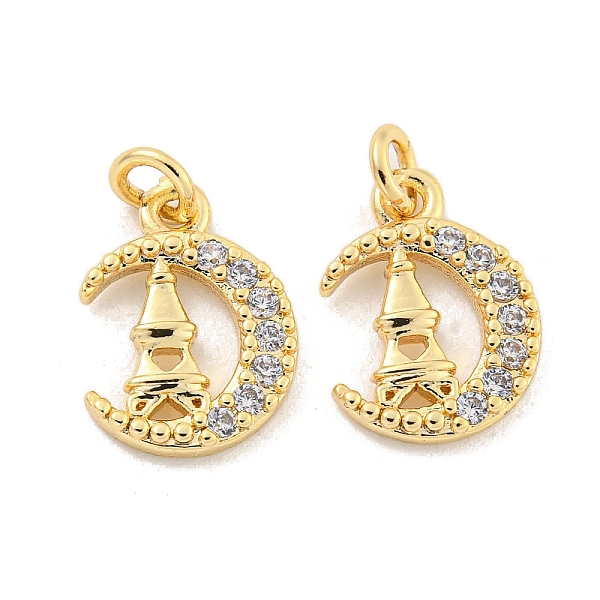 

PandaHall Brass Micro Pave Clear Cubic Zirconia Charms, Moon, Castle, 13x9.5x1.5mm, Hole: 2.5mm Brass+Cubic Zirconia Castle Clear