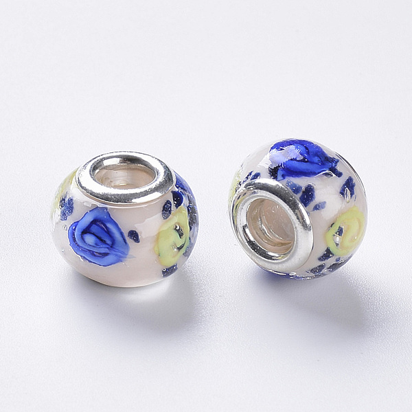 

PandaHall Handmade Lampwork European Beads, Large Hole Beads, with Silver Color Plated Brass Double Cores, Inner Flower Lampwork, Rondelle..., Blue