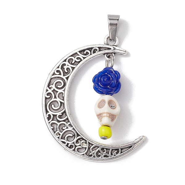 

PandaHall Halloween Synthetic Turquoise Skull Pendants, Alloy Hollow Moon Charms with Resin Rose, Antique Silver, Royal Blue, 41x35x8mm...