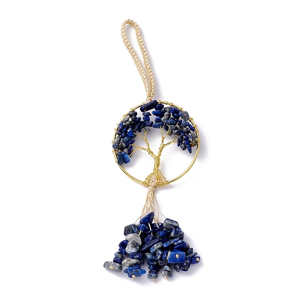 

PandaHall Wire Wrapped Chips Natural Lapis Lazuli Big Pendant Decorations, with Brass Wires and Nylon Cord, Flat Round with Tree of Life...
