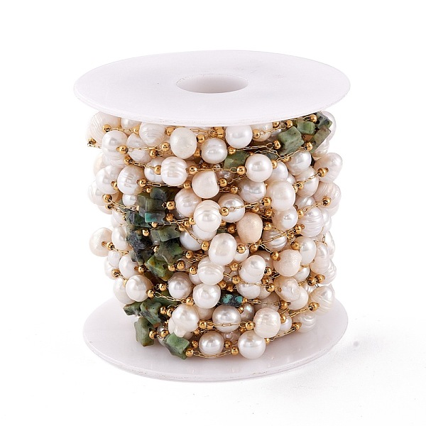 

PandaHall Natural African Turquoise(Jasper) Star and Pearl Beaded Chains, with Stainless Steel Findings, Long-Lasting Plated, Soldered, with...