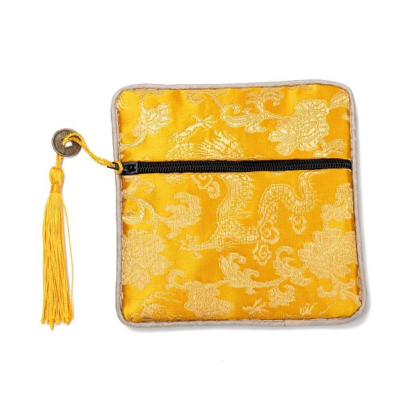 PandaHall Chinese Brocade Tassel Zipper Jewelry Bag Gift Pouch, Square with Flower Pattern, Gold, 11.5~11.8x11.5~11.8x0.4~0.5cm Cloth Flower...