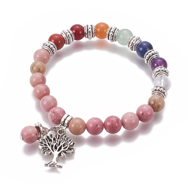 

PandaHall Chakra Jewelry, Natural Rhodochrosite Bracelets, with Metal Tree Pendants, 50mm Rhodochrosite