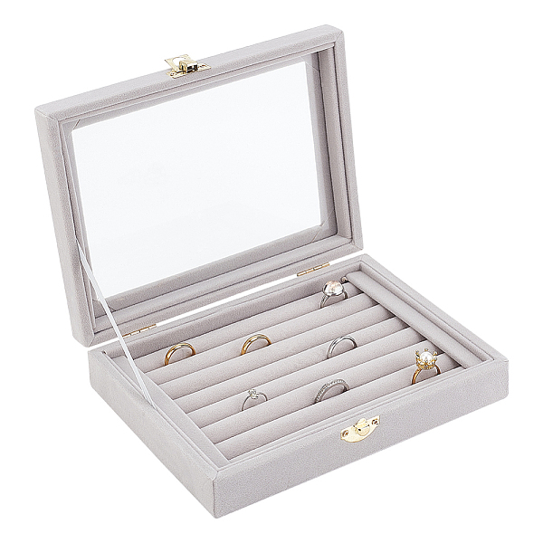 PandaHall Velvet Jewelry Presentation Boxes, Ring Earring Display Organizer Case with Glass Window and Golden Tone Alloy Clasps, Rectangle...