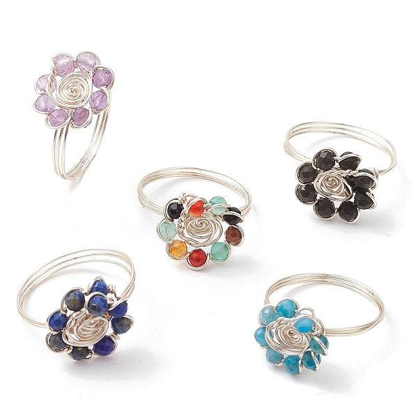 Flower Natural Black Spinel & Amethyst & Agate & Apatite & Lapis Lazuli Finger Rings