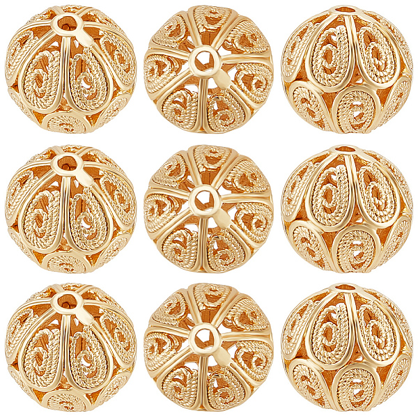 

PandaHall Beebeecraft 20Pcs Brass Filigree Beads, Filigree Ball, Round, Nickel Free, Real 18K Gold Plated, 12x11mm, Hole: 1.6mm Brass Round