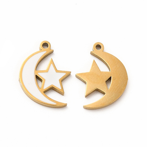 

PandaHall Ion Plating(IP) 304 Stainless Steel Pendants, With Enamel, Moon With Star, White, 15.5x11.5x1mm, Hole: 1.2mm Alloy+Enamel White