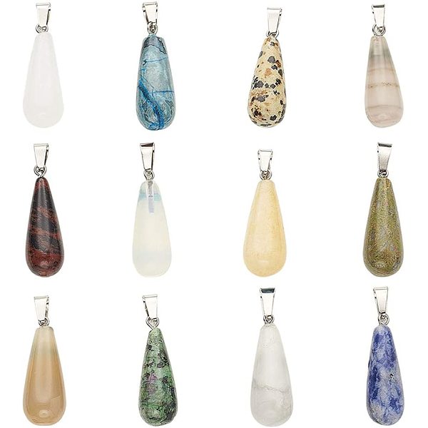

PandaHall Natural/Synthetic Gemstone Pendants, with Stainless Steel Snap On Bails, teardrop, 28~30x10~12mm, Hole: 6x4mm, 22pcs/box Mixed...