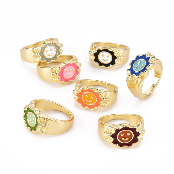 

PandaHall Alloy Enamel Wide Band Rings, Cadmium Free & Lead Free, Light Gold, Textured, Flower with Smiling Face, Mixed Color, US Size 7 3/4..., Multicolor