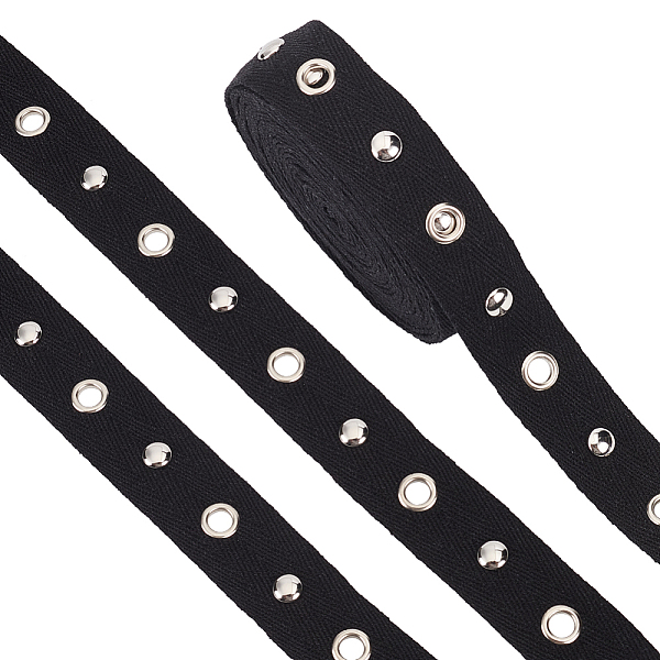 

PandaHall BENECREAT 5 Yards Flat Cotton Ribbon, with Silver Color Plated Alloy Eyelets and Rivets, Garment Accessories, with Metallic Wire..., Black